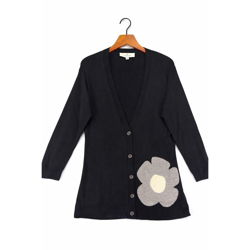 Laurie Felt Cardigan Sweater XS Black Floral Knit Button Front Cashmere Blend